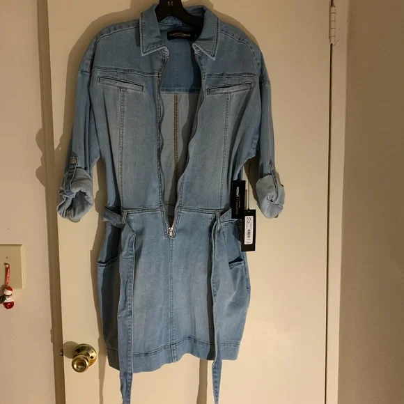 new york and company denim dress New York & Co Denim Dress Chambray Women's S Small Pockets Adjustable Blue Jean